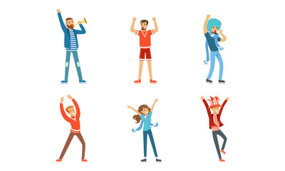 Fans Cheering for Their Team Set, Happy People Wearing Red and Blue Clothes Supporting Athletes Cartoon Vector Illustration