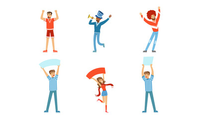Happy Fans Cheering for Their Team Set, Cheerful People Wearing Red and Blue Clothes Supporting Athletes Cartoon Vector Illustration