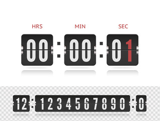Last second illustration concept. Scoreboard number floating font isolated on white. Vector coming soon web page design template with flip time counter.