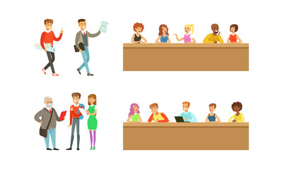 Students Studying at University Set, College and University Education, Students and Professors in Lecture Hall Cartoon Vector Illustration