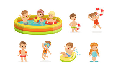 Cute Cheerful Kids Having Fun in Inflatable Swimming Pool Set, Summer Outdoor Activity Concept Cartoon Vector Illustration