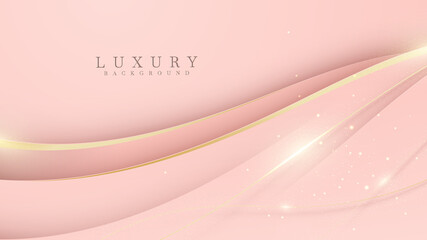 Curve golden line on pink shade background. Luxury realistic concept. 3d paper cut style. Vector illustration for design.