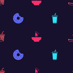 Set Glass with water, Donut, Nachos in plate and Soda and hotdog on seamless pattern. Vector