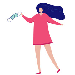 Quarantine is over. Girl with a medical mask in her hand. End of pandemic and quarantine. Young woman throws a medical mask. Stylized flat vector illustration. Isolated on a white background. 