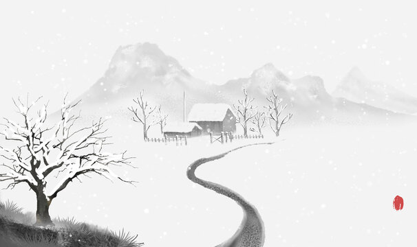 Hand painted winter ink snow landscape illustration