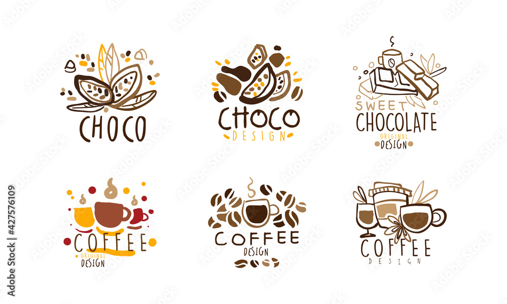 Sticker sweet chocolate logo original design set, coffee hand drawn labels vector illustration