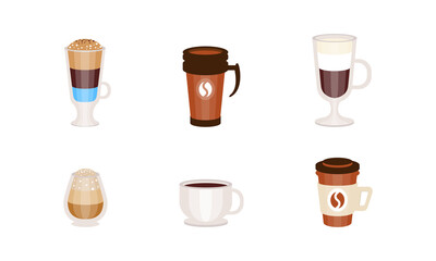 Coffee Cups Collection, Disposable Plastic, Paper, Ceramic and Glass Tableware, Cafe, Restaurant Menu Design Cartoon Vector Illustration