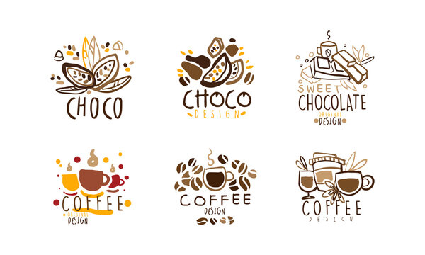 Sweet Chocolate Logo Original Design Set, Coffee Hand Drawn Labels Vector Illustration