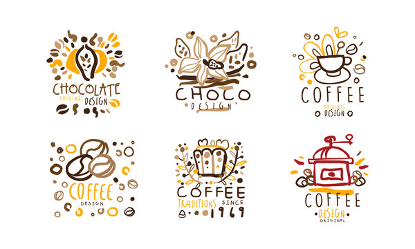 Chocolate and Coffee Traditions Logo Original Design Templates Set, Retro Hand Drawn Labels Vector Illustration