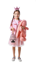 Cute little princess with toy and lantern on white background