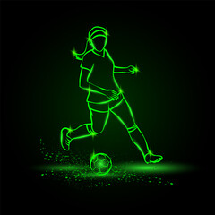Fototapeta na wymiar Women soccer player running with ball. Vector Football sport green neon illustration