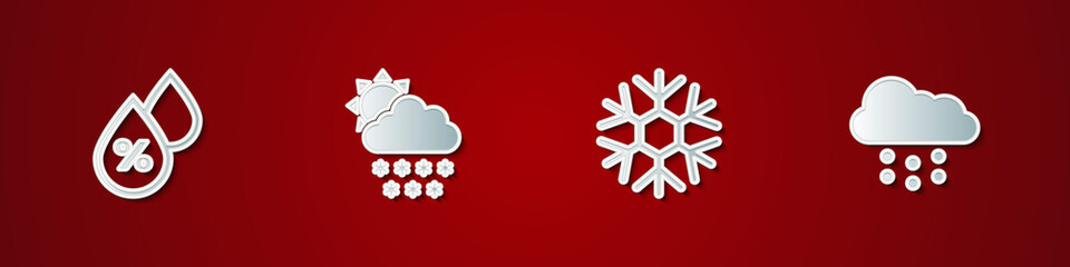 Set Water drop percentage, Cloud with snow and sun, Snowflake and icon. Vector