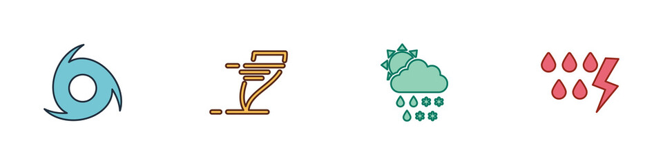 Set Tornado, , Cloud with snow, rain, sun and Storm icon. Vector