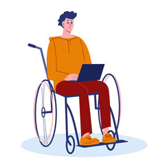Disabled guy in a wheelchair, with a laptop. Vector illustration in flat cartoon style. Isolated on a white background.