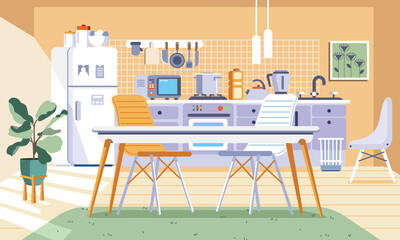 vector illustration of kitchen design interior with many appliance, furniture, dining table and chair in modern minimalistic style