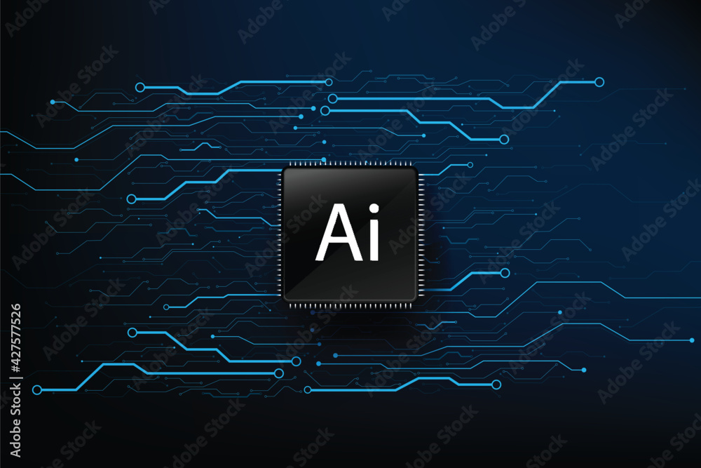 Poster ai artificial intelligence technology cpu chipset with print circuit board dot connection line 005