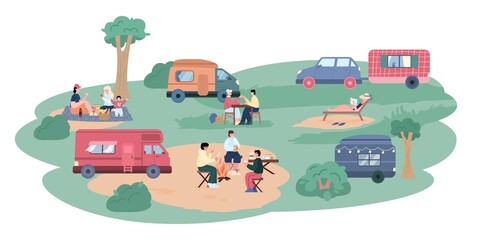 Campsite with travels near trailers, cartoon vector illustration isolated.