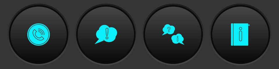 Set Phone call, Speech bubble Exclamation, Question and and User manual icon. Vector