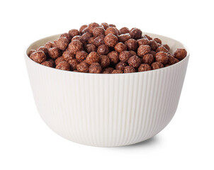 Bowl with chocolate corn balls on white background