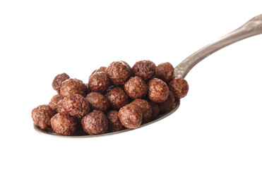 Spoon with chocolate corn balls on white background, closeup