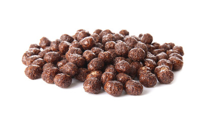 Heap of chocolate corn balls on white background