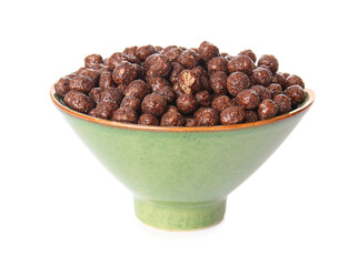 Bowl with chocolate corn balls on white background