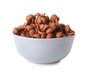 Bowl with chocolate corn flakes on white background