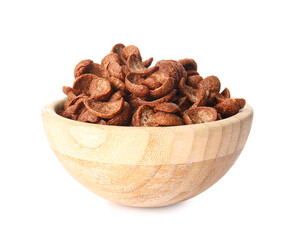 Bowl with chocolate corn flakes on white background