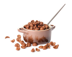 Cooking pot with chocolate corn flakes on white background