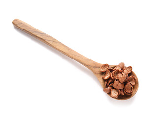 Spoon with chocolate corn flakes on white background