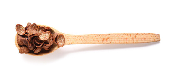 Spoon with chocolate corn flakes on white background