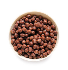 Bowl with chocolate corn balls on white background