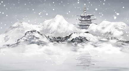 Ancient Chinese ink landscape painting in winter