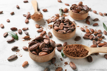 Composition with cocoa beans on light background