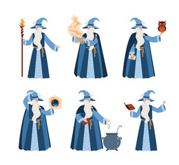 Set of wizard or sorcerer characters in magic hat vector illustration isolated.