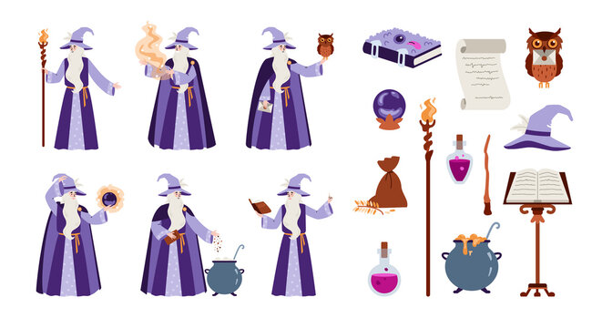 Wizard or sorcerer with witchcraft items, flat vector illustration isolated.