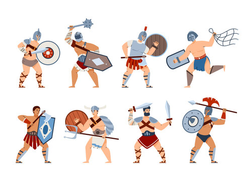 Set of gladiators male characters, cartoon flat vector illustration isolated.