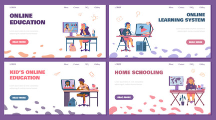 Set of web banners on children online education, cartoon vector illustration.