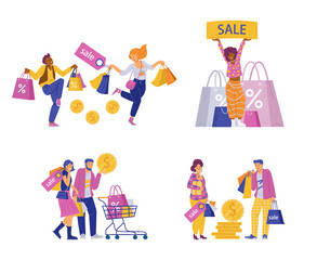 Fototapeta na wymiar Happy shoppers with bags and shopping carts, flat vector illustration isolated.