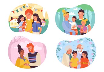 Banners set with families and couples, cartoon vector illustration isolated.