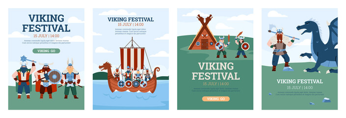 Viking festival invitation banners or posters set, flat vector illustration.