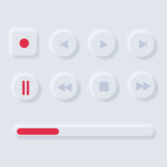 Vector icons of player buttons in neomorphism style with red elements on a light gray background. Trending music icons. 