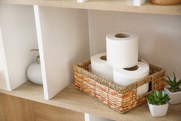 Basket with rolls of toilet paper and houseplants on shelf in bathroom