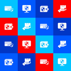 Set Credit card with shield, Location, Wallet and Delivery insurance icon. Vector