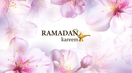 Ramadan, holiday design. Decorated with vector spring flowers and a lamp. Arabic shining lamps. Golden decor in oriental style. Islamic origin.Ramadan Karim greeting card, advertising, discoun.