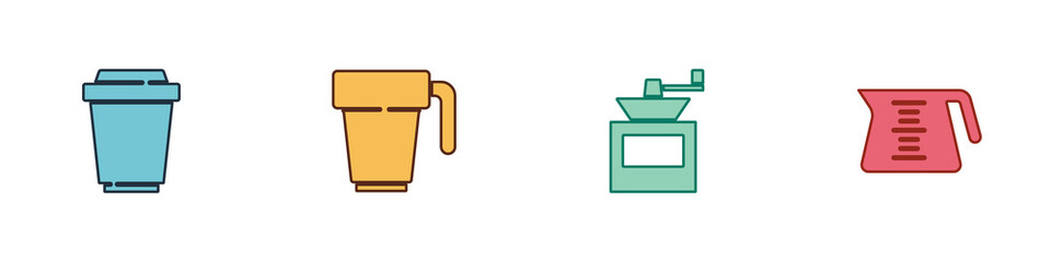 Set Coffee cup to go, , Manual coffee grinder and pot icon. Vector
