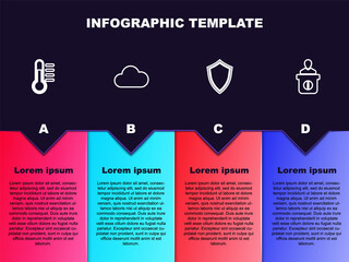 Set line Thermometer, Cloud, Shield and Information desk. Business infographic template. Vector