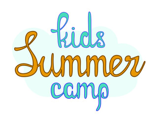Kids summer camp lettering in orange and blue letters on a blue background