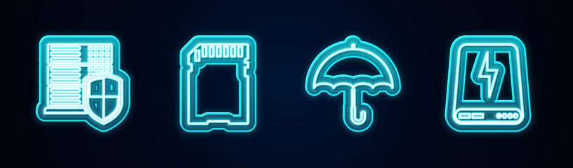 Fototapeta premium Set line Server with shield, SD card, Umbrella and Power bank. Glowing neon icon. Vector