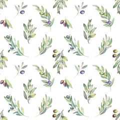 Naklejka na ściany i meble Hand paint watercolor seamless pattern with olive branch and leaves, isolated on white background. Perfect for wrappers, wallpapers, textile, postcards, wedding and fashion design.